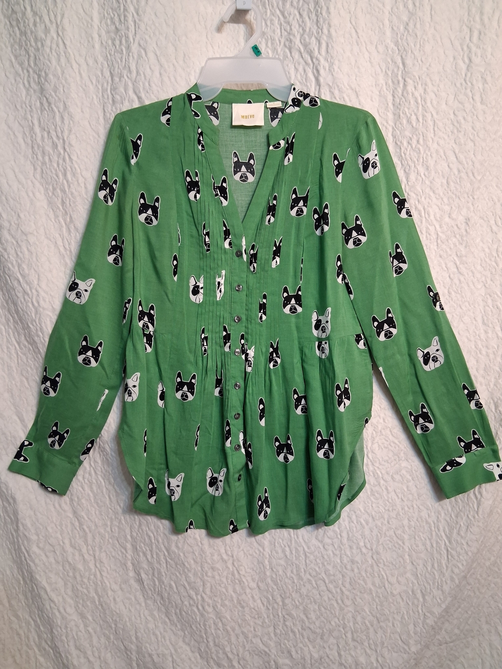 Maeve Green French Bulldog Print Button-Front Blouse